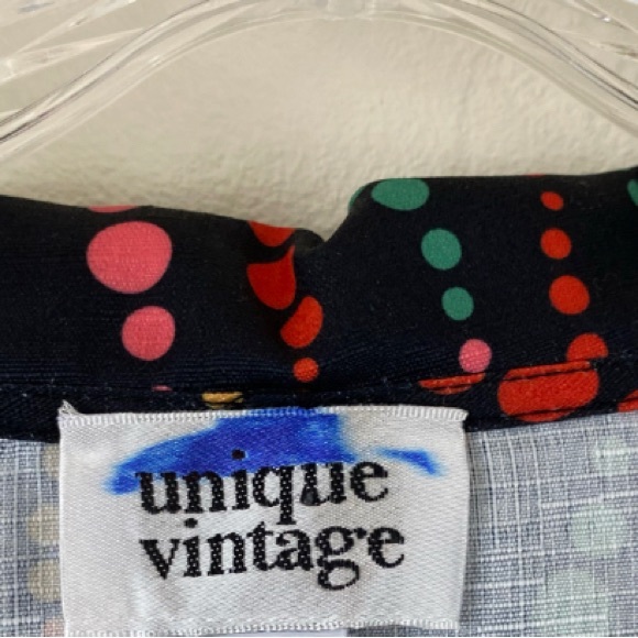 Unique Vintage NWT Size 2X Black Rainbow Polka Dot Puffy Sleeve Button Down Top - Picture 7 of 7